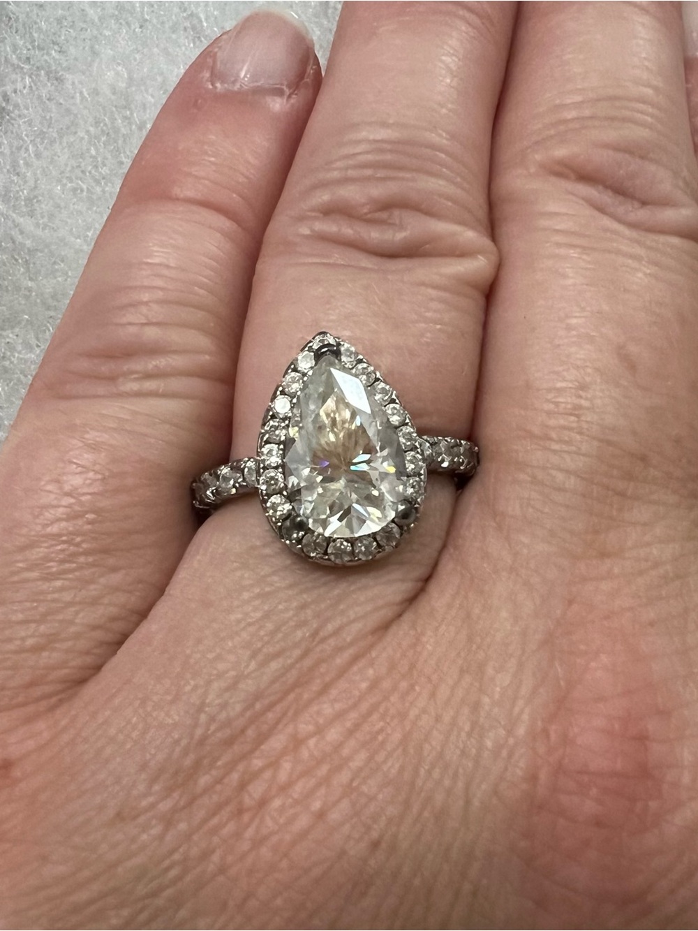 Moissanite Pear-Shaped Solitaire with crystals Ring in Silver- size 5.5